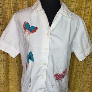 Vintage Y2K White Button-Up Shirt Colorful Butterfly Embroidery Medium